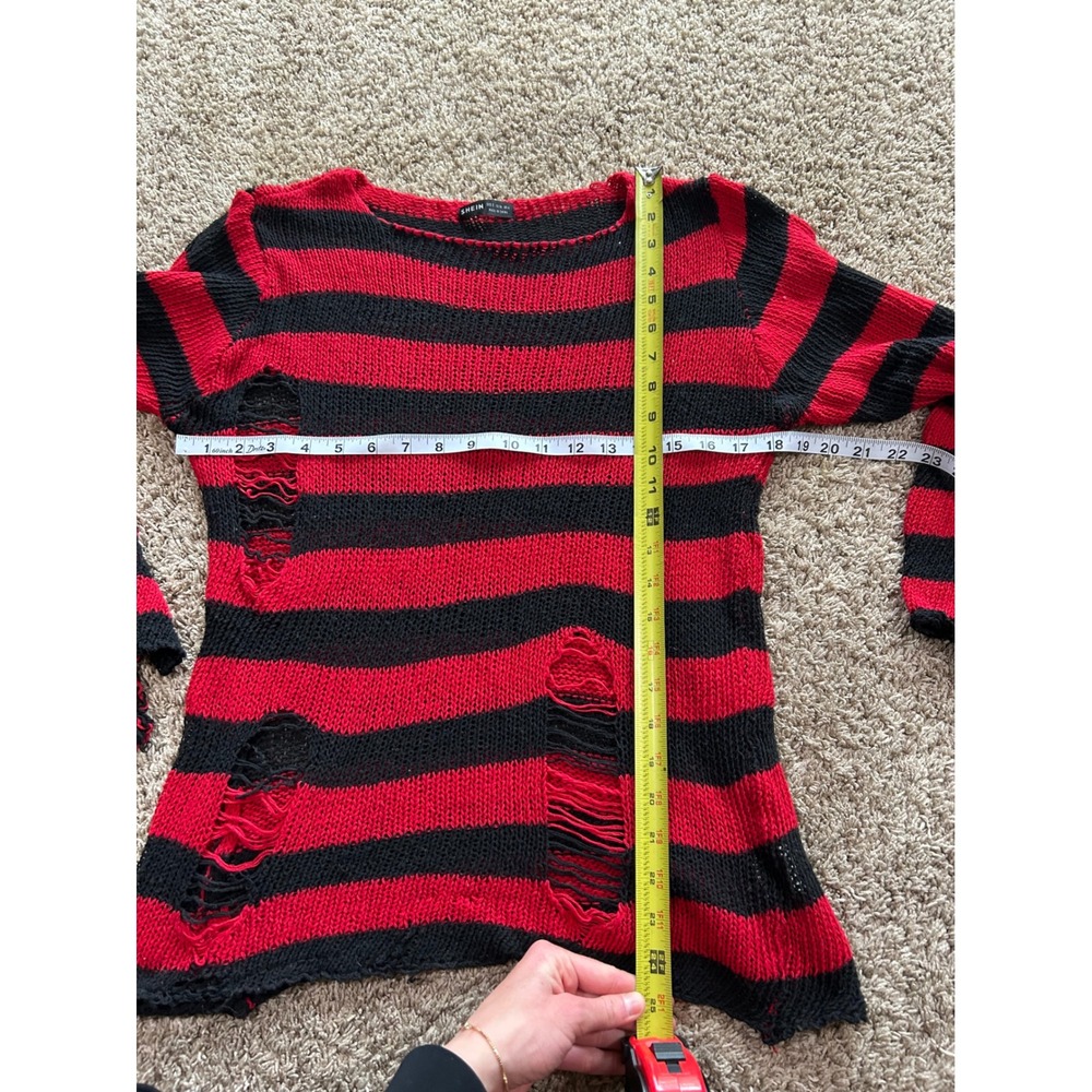 SHEIN Red Black Striped Distressed Loose Knit Punk Grunge Sweater Womens Small - Picture 6 of 6